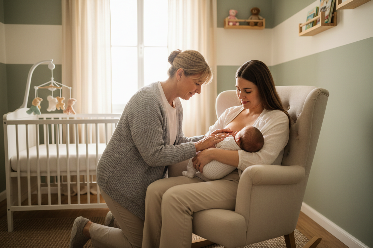 Midwife providing breastfeeding support in nursery
