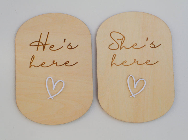 SHE'S HERE - HE'S HERE | REVERSIBLE PLAQUE | NEW BABY SIGN